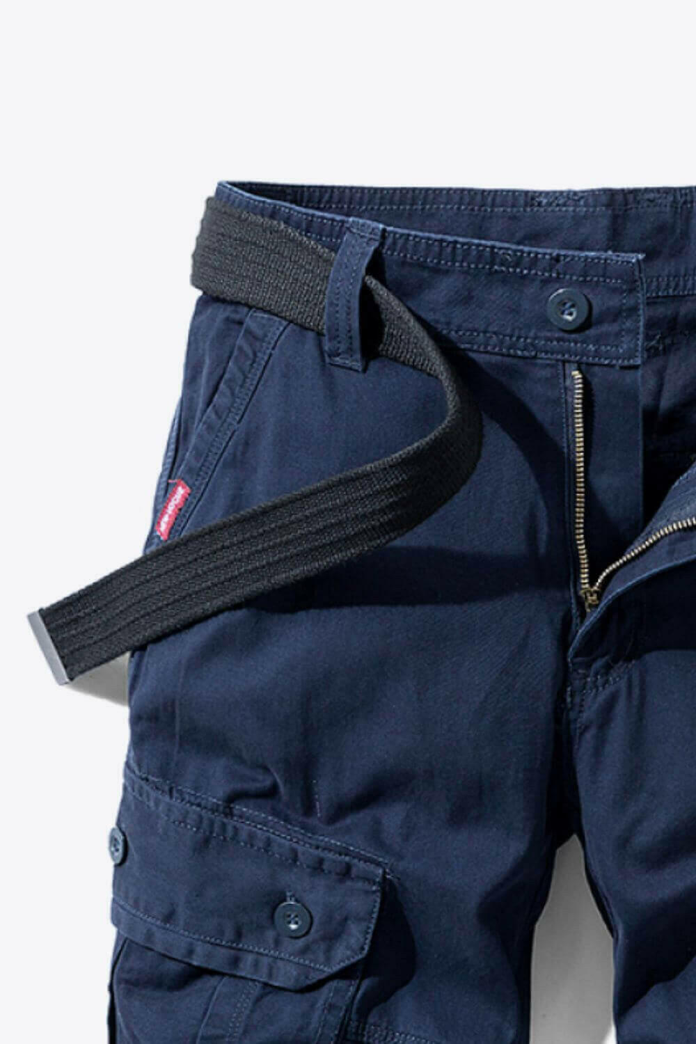 Button and Zip Closure Belted Cargo Shorts