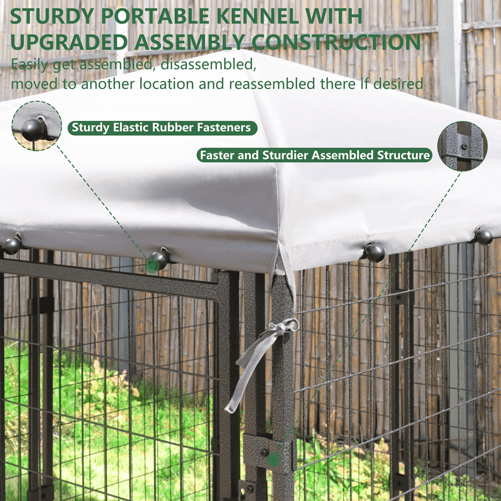 Outdoor Dog Kennel, Metal Large Dog Crates W/Canopy & 2 Rotating Feeding Doors, 4.5&