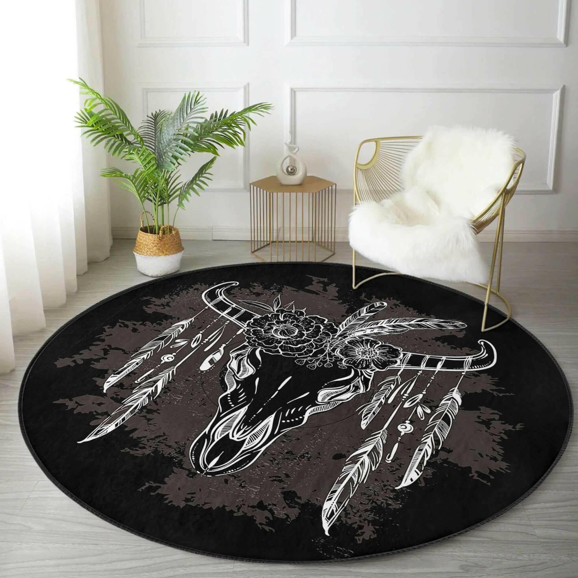 Native American Bull Decorative Round Rug, Native American Bull Non
