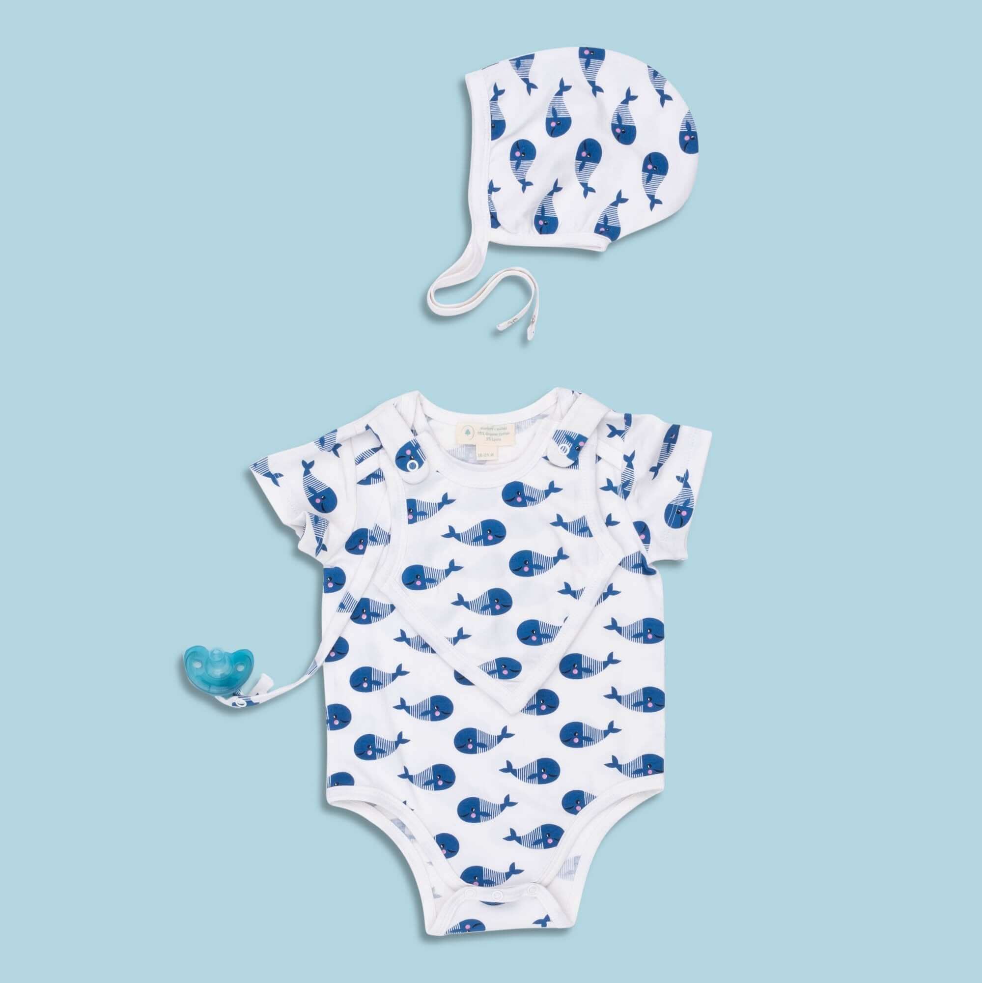 Smart Short Sleeve Baby Bodysuit + Bib - Blue Whale
