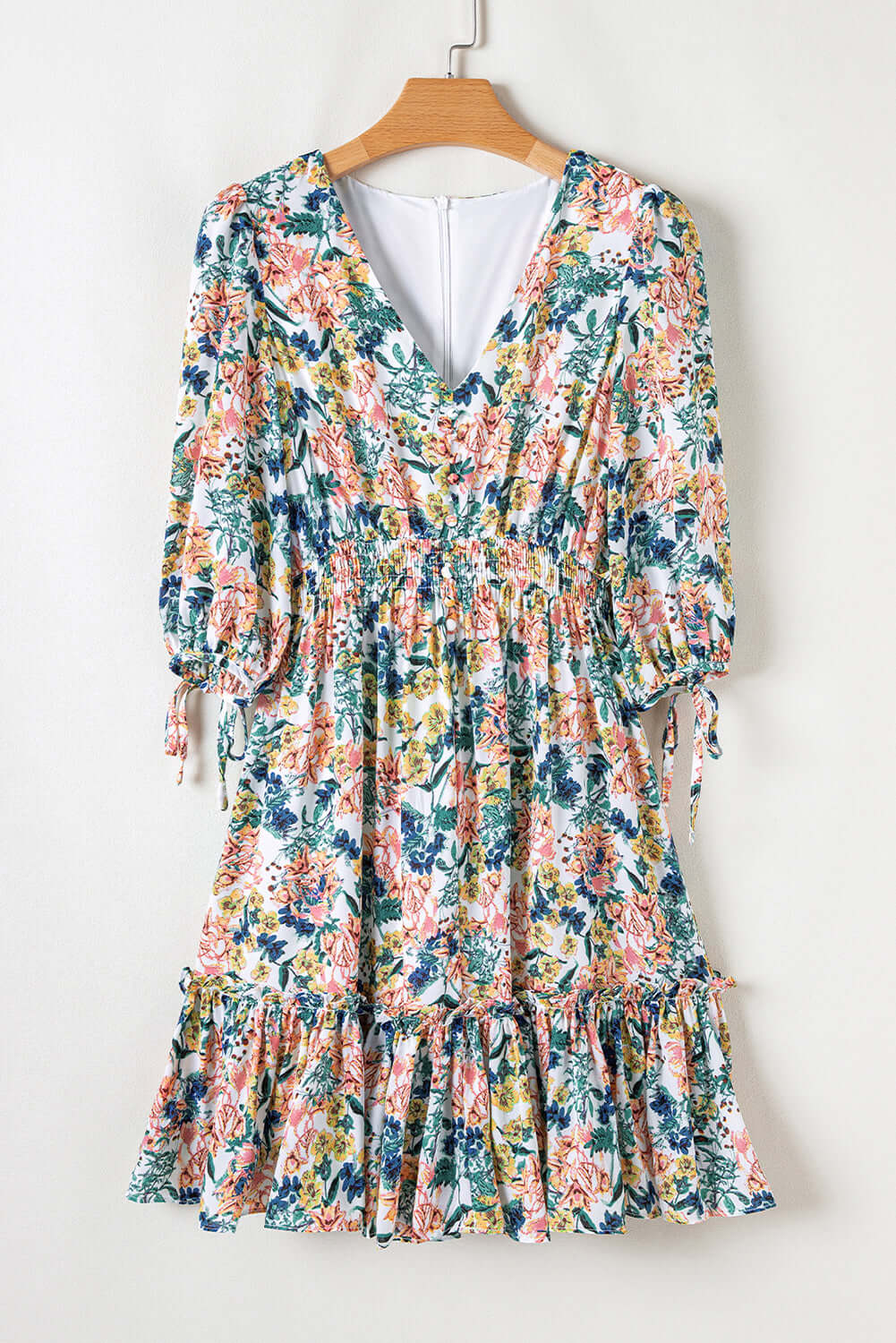 Floral 3/4 Sleeve V-Neck High Waist Ruffle Dress