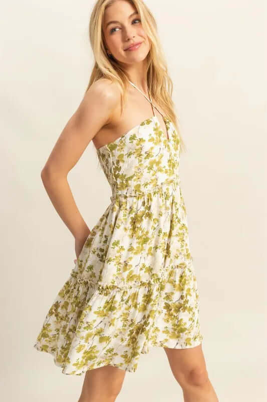 HYFVE Floral Print Halter Neck Tiered Mini Dress