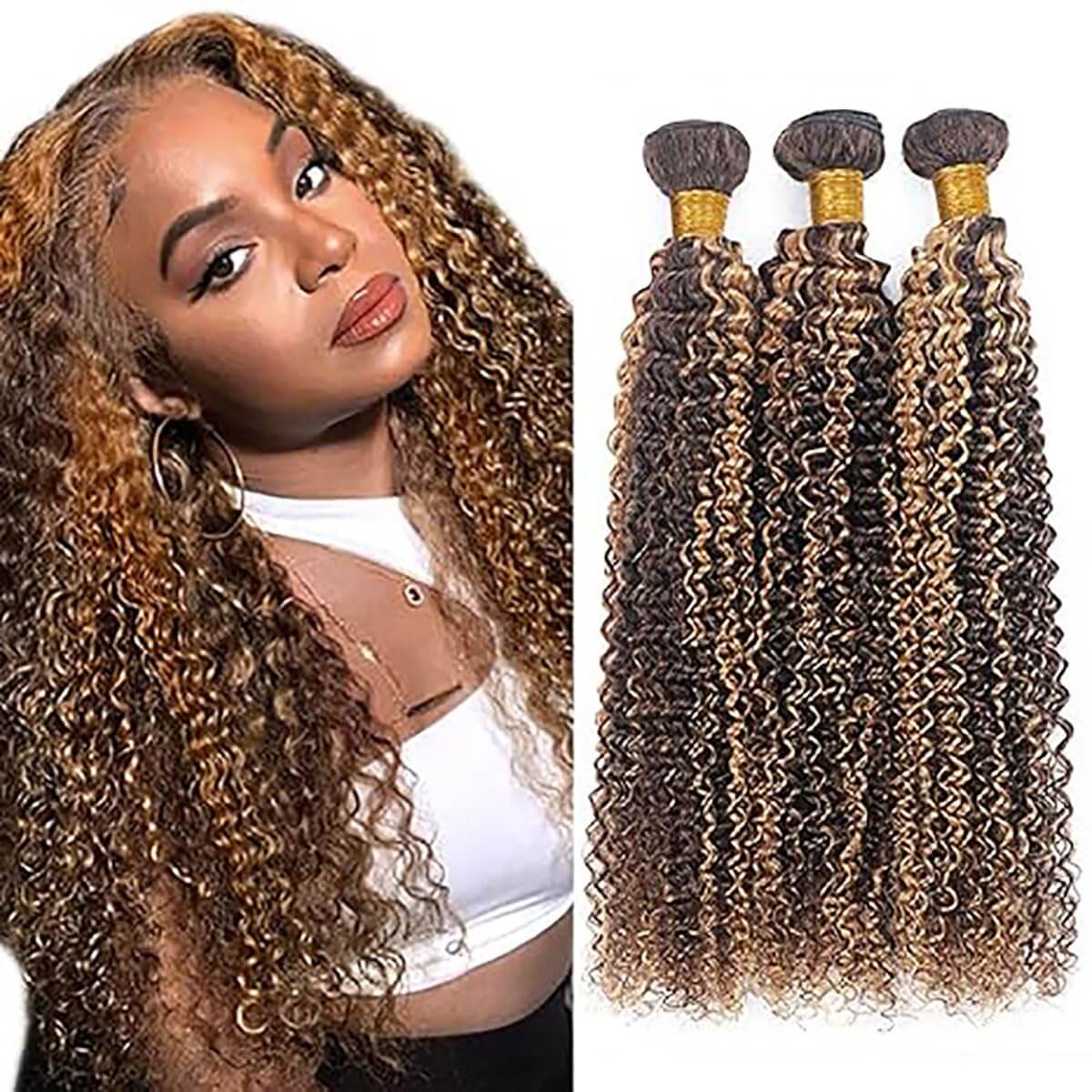 P4/27 Curly Wave Human Hair Bundles – 18, 20 & 22 Inches