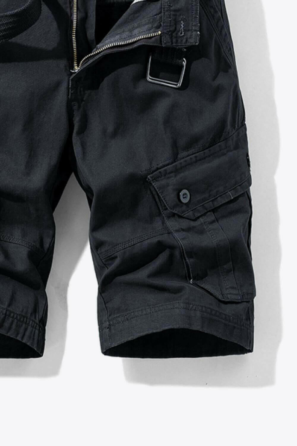 Button and Zip Closure Belted Cargo Shorts