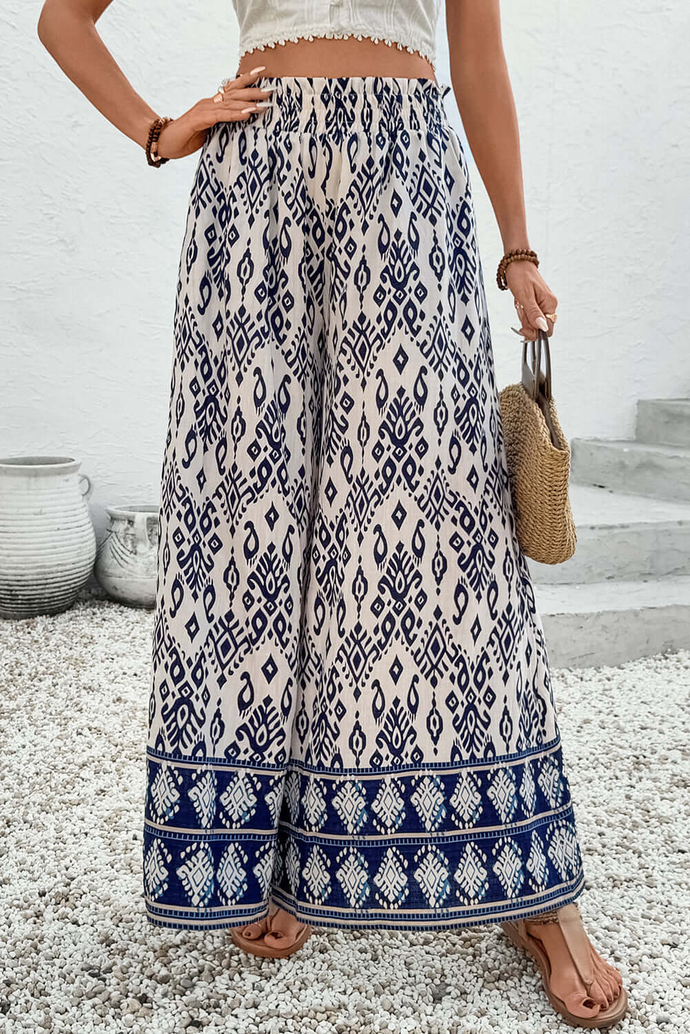 Boho Smocked High Waist Wide Leg Pants