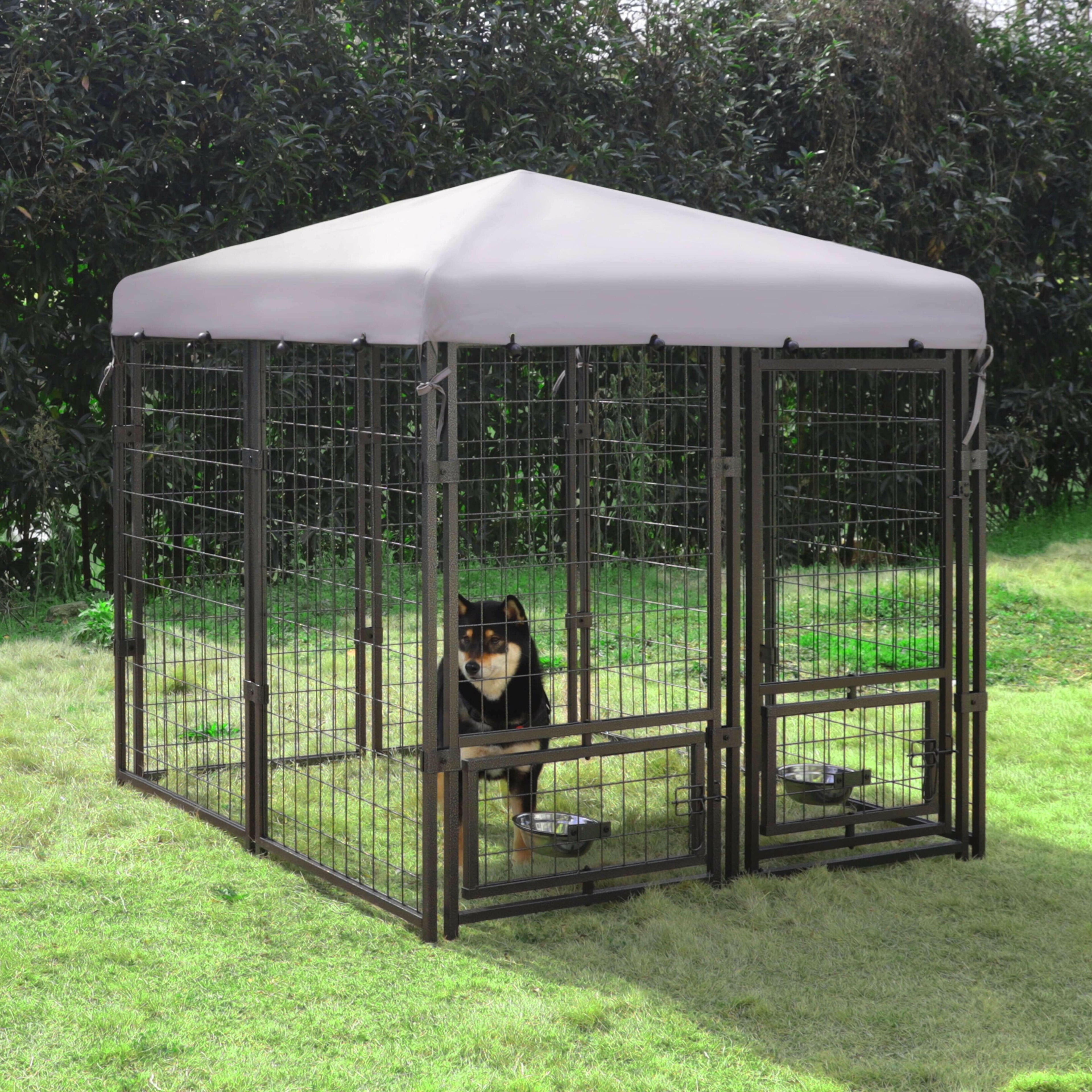 Outdoor Dog Kennel, Metal Large Dog Crates W/Canopy & 2 Rotating Feeding Doors, 4.5&