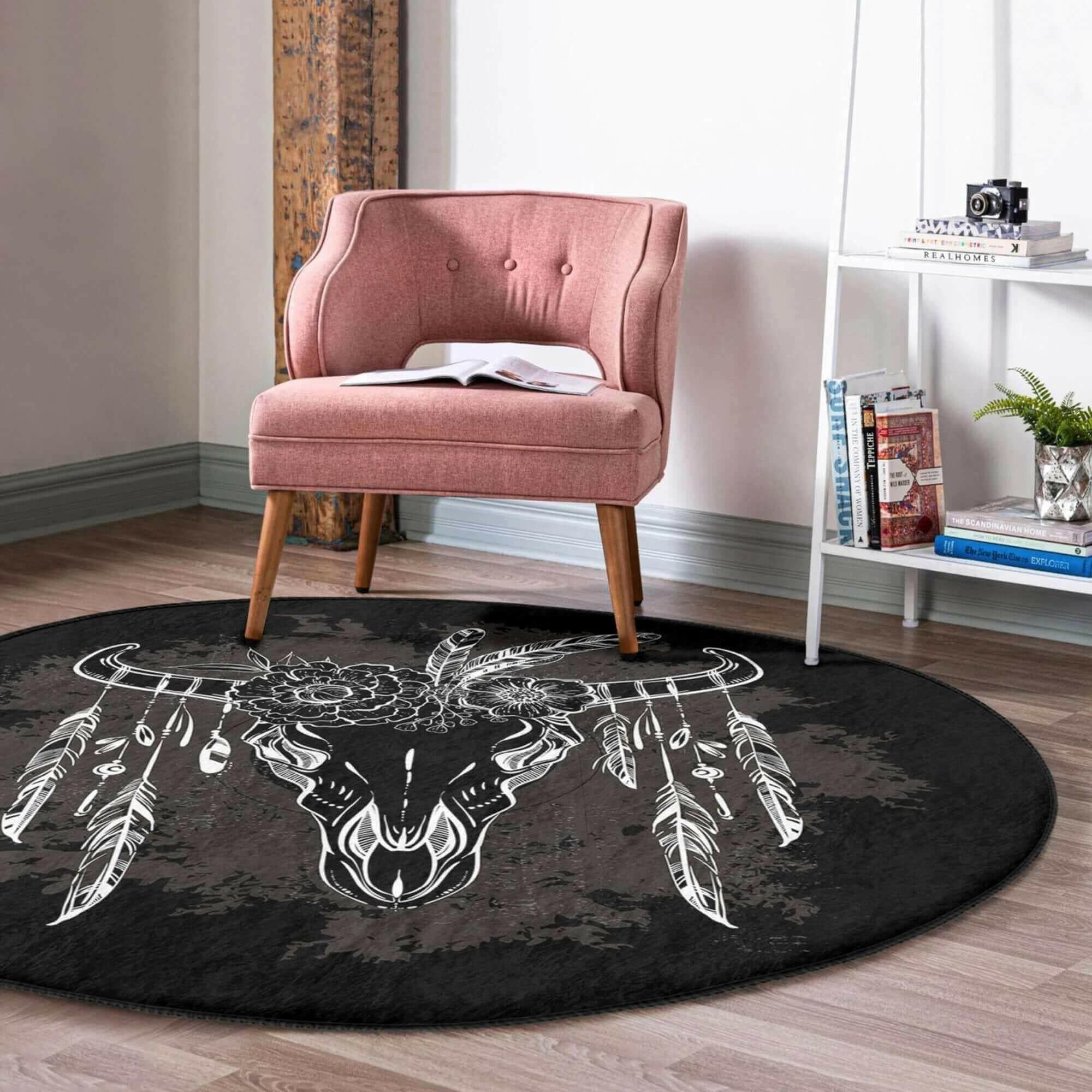 Native American Bull Decorative Round Rug, Native American Bull Non