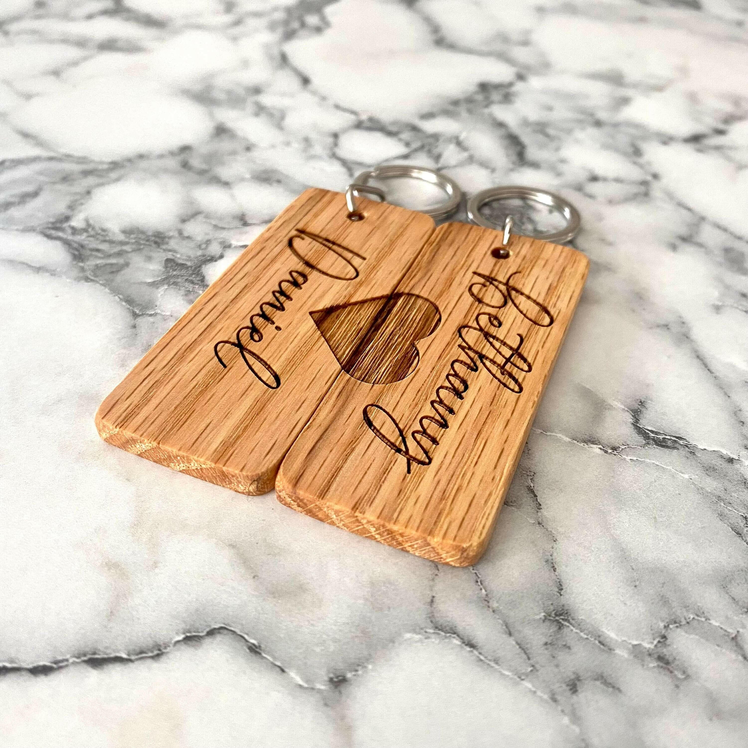 Couples Engraved Wood Keychain