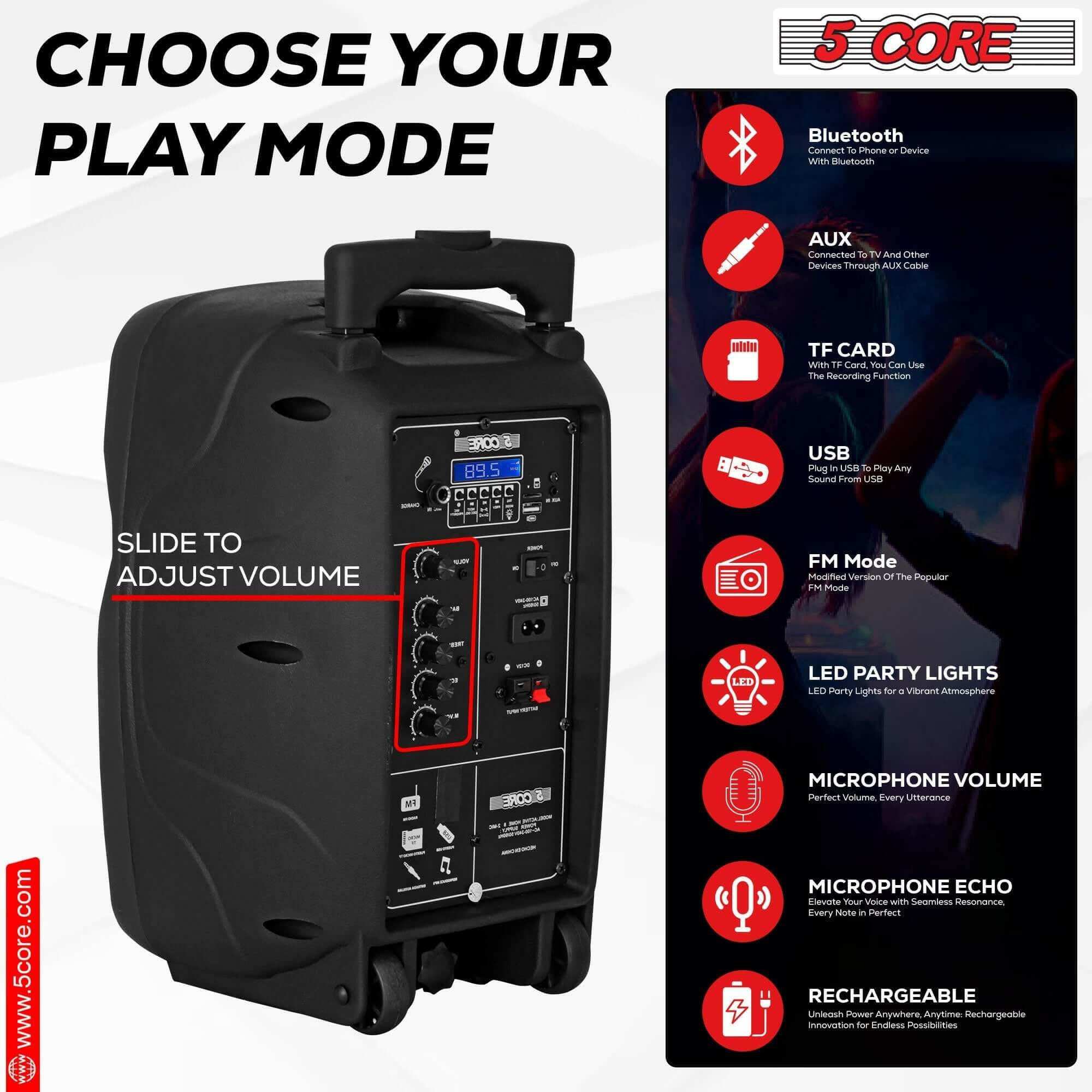 5Core Party Speaker Portable PA System 2 Wireless Mic Bluetooth Loud