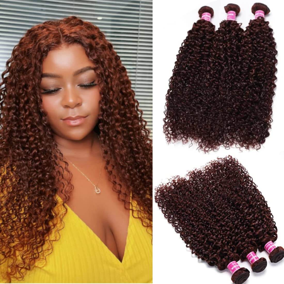 Nadula 33B Auburn Curly Human Hair Bundles – 16, 18 & 20 Inches
