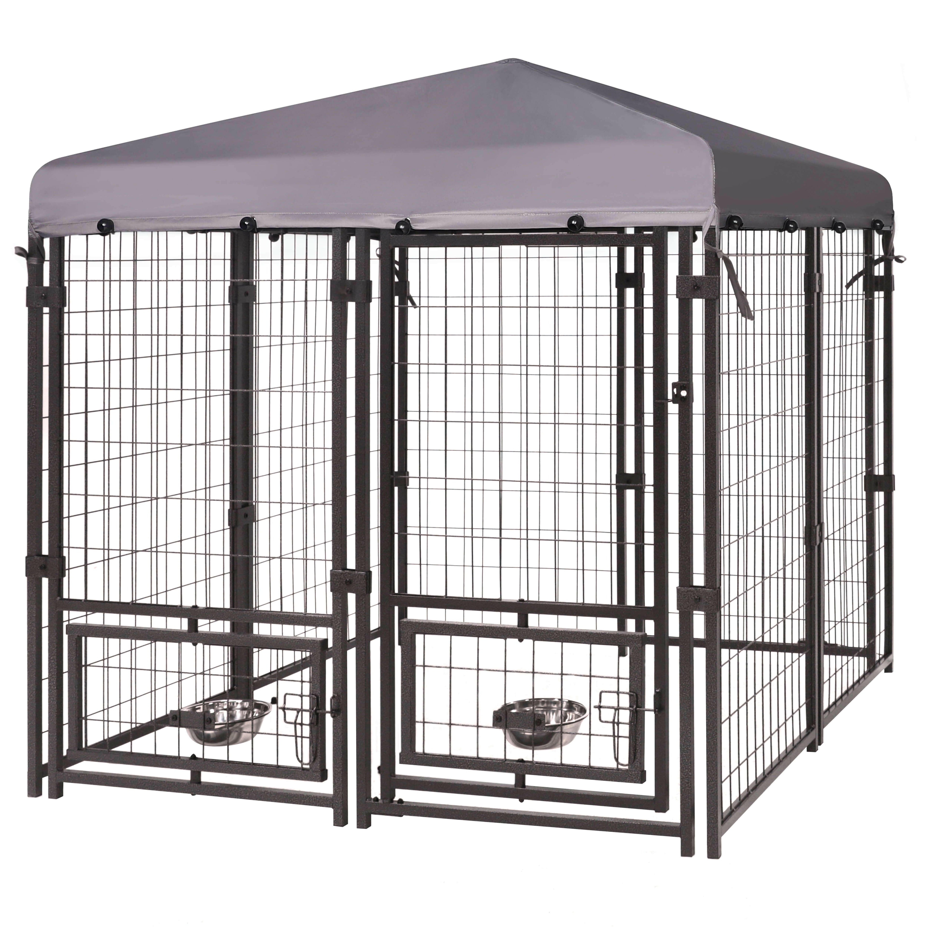 Outdoor Dog Kennel, Metal Large Dog Crates W/Canopy & 2 Rotating Feeding Doors, 4.5&