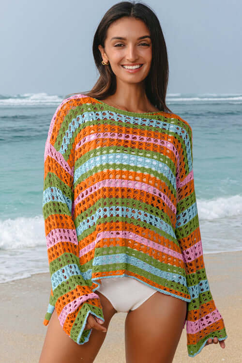 Stripe Open-Knit Beach Cover-Up Sweater