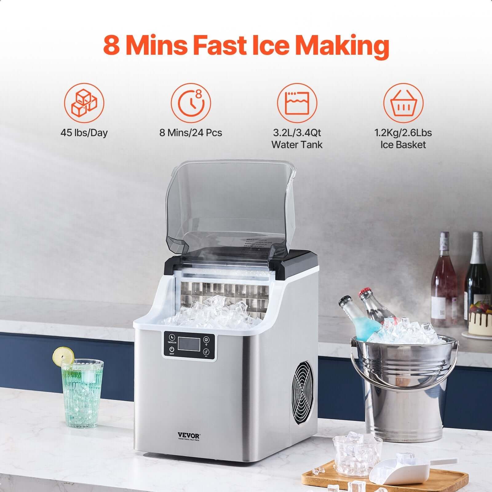 Portable Countertop Ice Maker 45Lbs/24H Self-Cleaning With Scoop