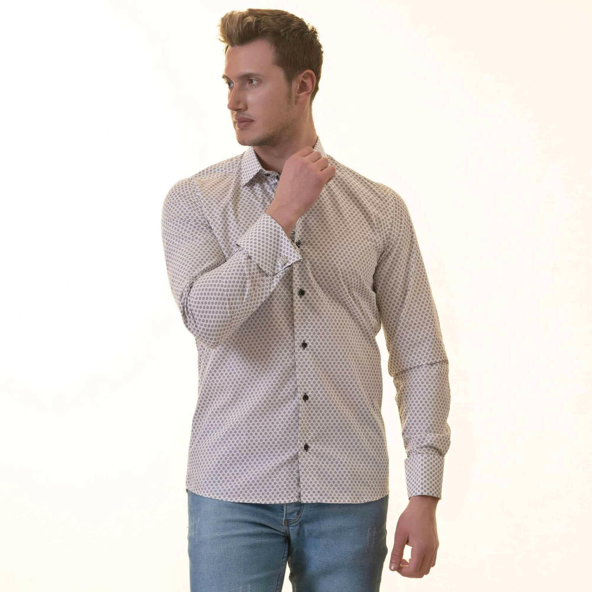 White Polka Dot Printed Mens Slim Fit Designer Dress Shirt