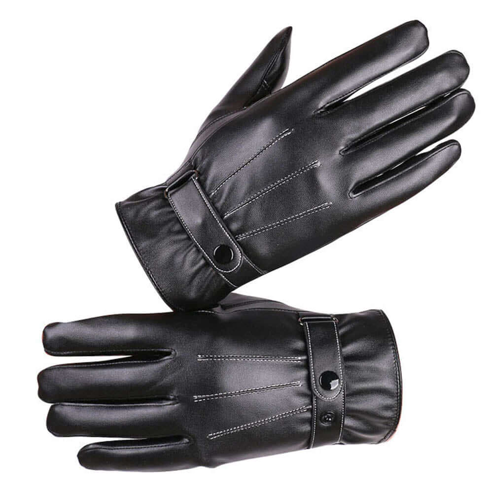 Full Finger PU Mens Black Leather Gloves for Winters -Touchscreen warm