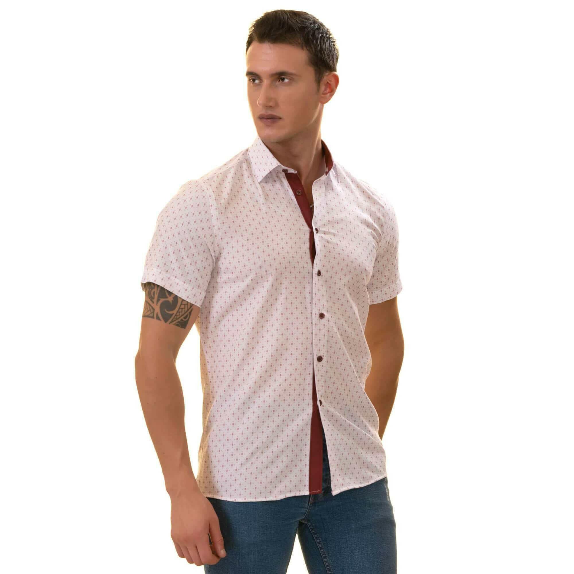 White Printed Shirt | White with Burgany Printed Paisley Short Sleeve