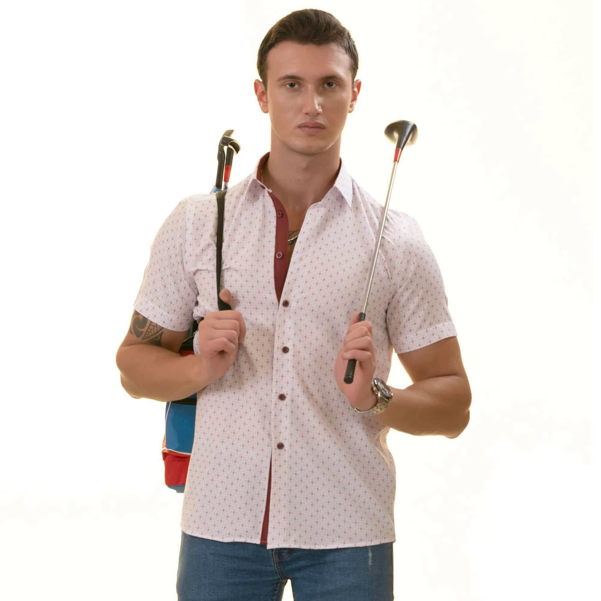 White Printed Shirt | White with Burgany Printed Paisley Short Sleeve