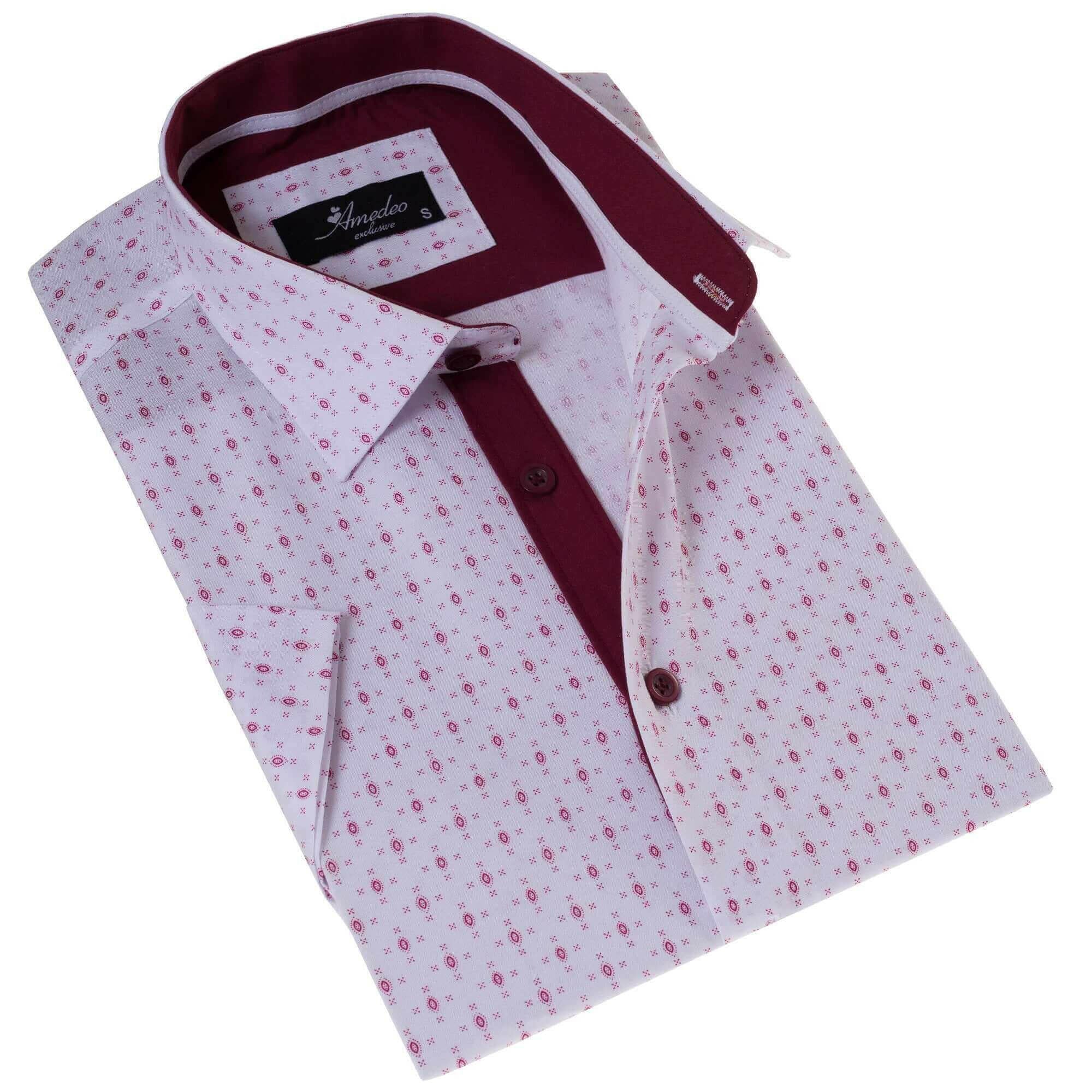 White Printed Shirt | White with Burgany Printed Paisley Short Sleeve