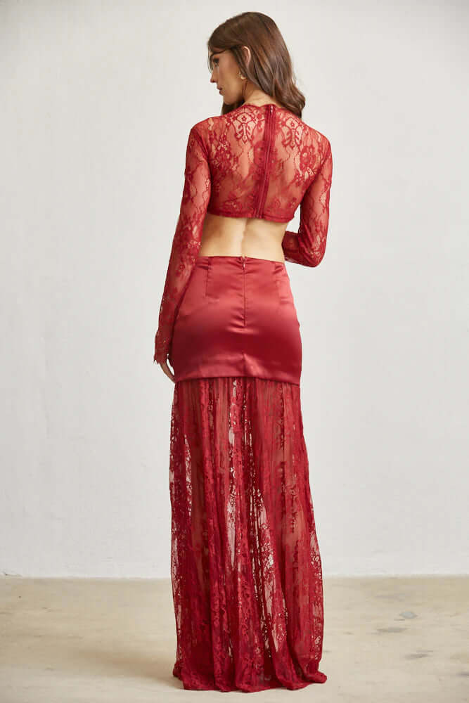 Satin & Lace Cutout Maxi Dress – Tie Front Elegance