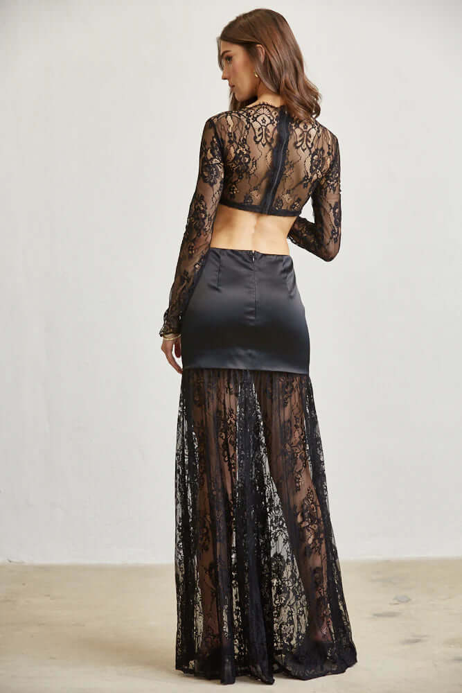 Satin & Lace Cutout Maxi Dress – Tie Front Elegance