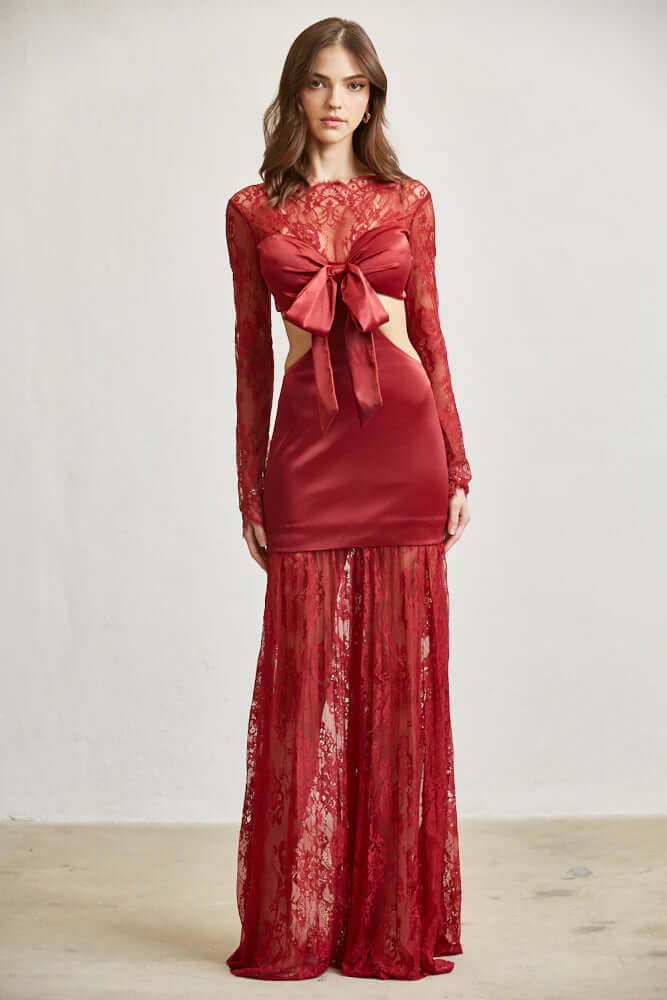Satin & Lace Cutout Maxi Dress – Tie Front Elegance