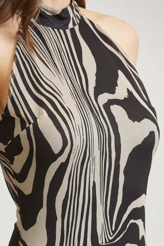 Abstract Wave Print Mesh Maxi Dress with Open Back