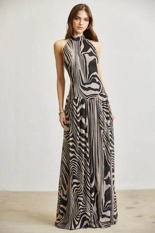 Abstract Wave Print Mesh Maxi Dress with Open Back