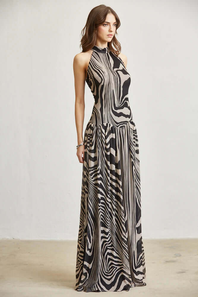 Abstract Wave Print Mesh Maxi Dress with Open Back