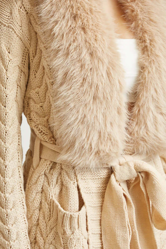 Cozy Faux Fur Trim Long Cable Knit Cardigan for Women – Winter Sweater