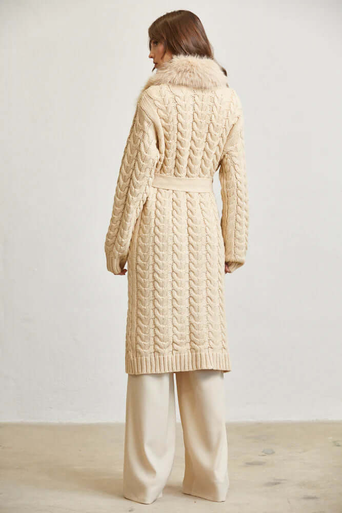 Cozy Faux Fur Trim Long Cable Knit Cardigan for Women – Winter Sweater