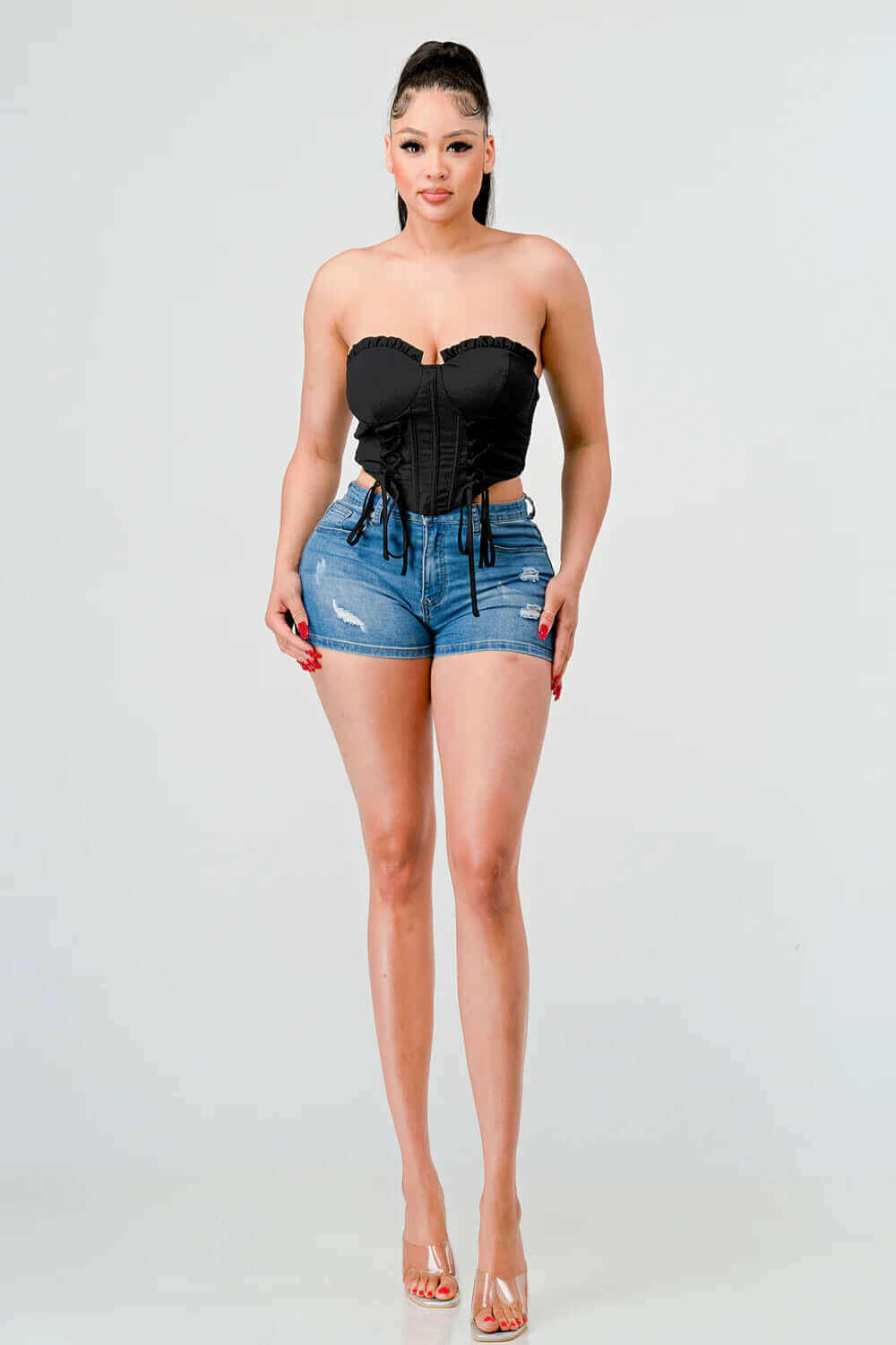 Luxe sweetheart ruffled drawstring lace bustier top