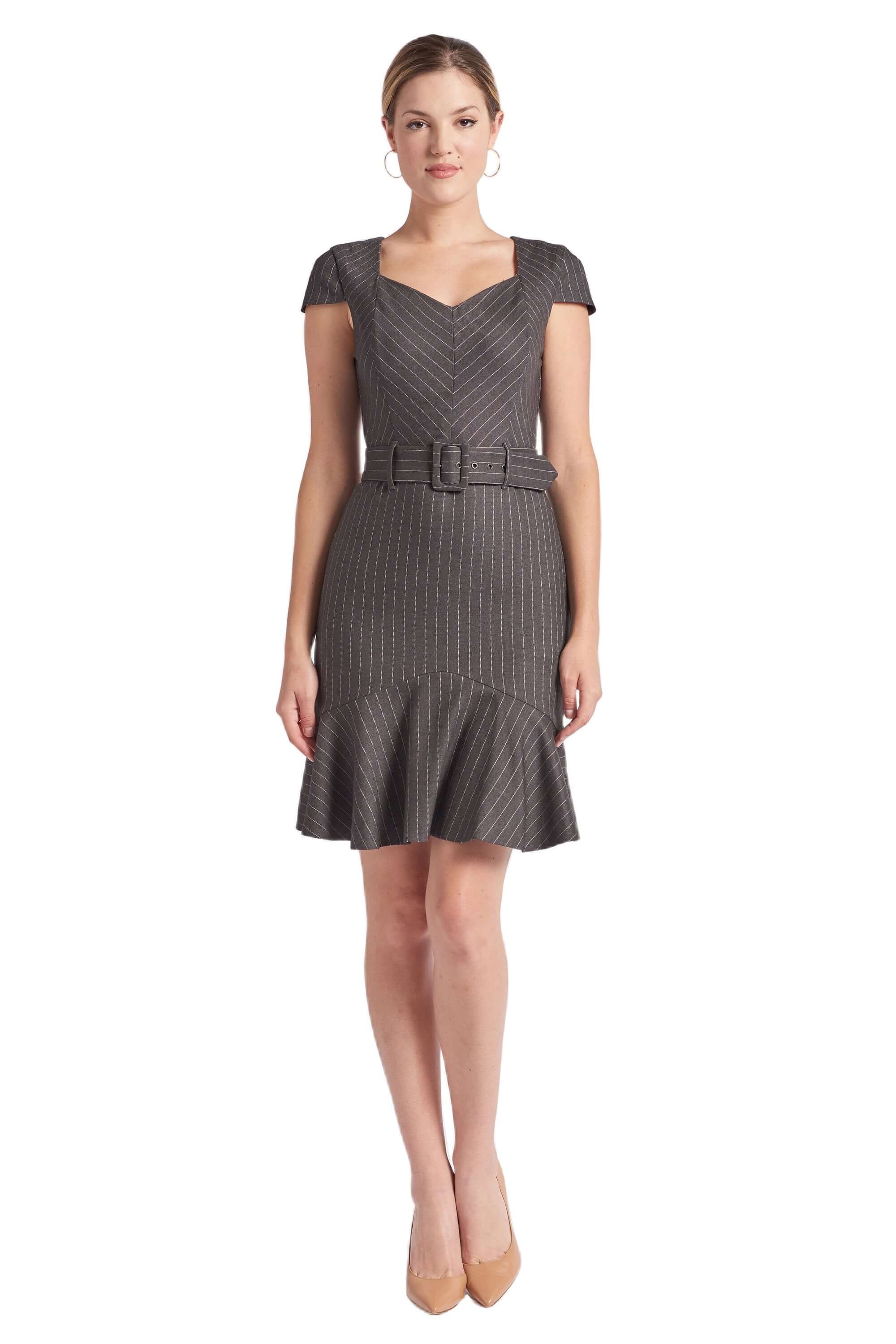 Chelsea Pinstripe Dress - V-Neck Cap Sleeve Work Dress with Ruffle Hem