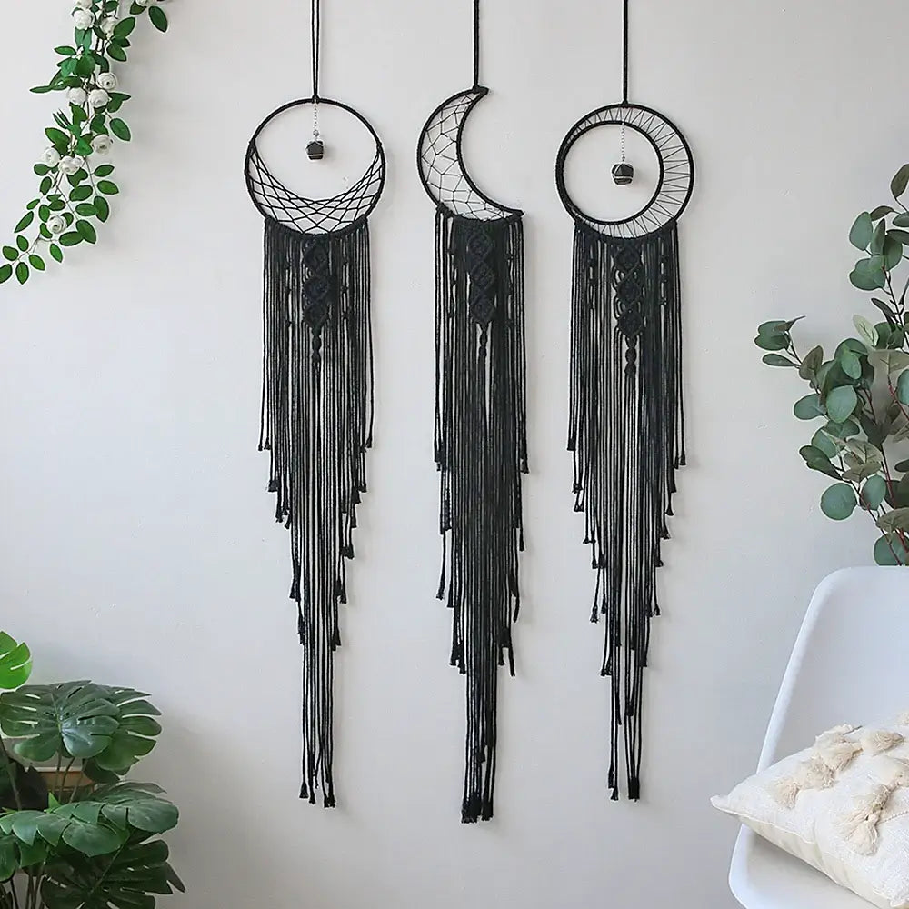Black Sun Moon Dream Catcher Nordic Macrame Dreamcatcher With Crystal Wall Room Home Decor Yard Garden Bedroom Decoration