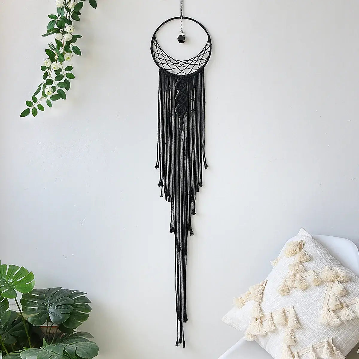 Black Sun Moon Dream Catcher Nordic Macrame Dreamcatcher With Crystal Wall Room Home Decor Yard Garden Bedroom Decoration