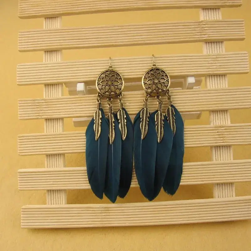 Korean Retro Exaggerated Leaf Feather Tassel Long Earrings Black And