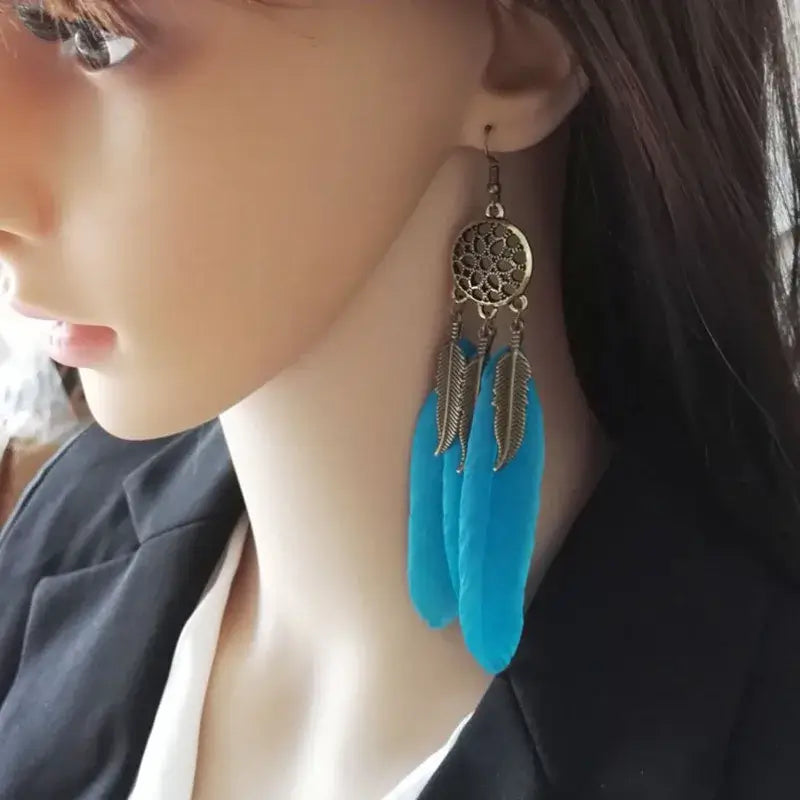 Korean Retro Exaggerated Leaf Feather Tassel Long Earrings Black And