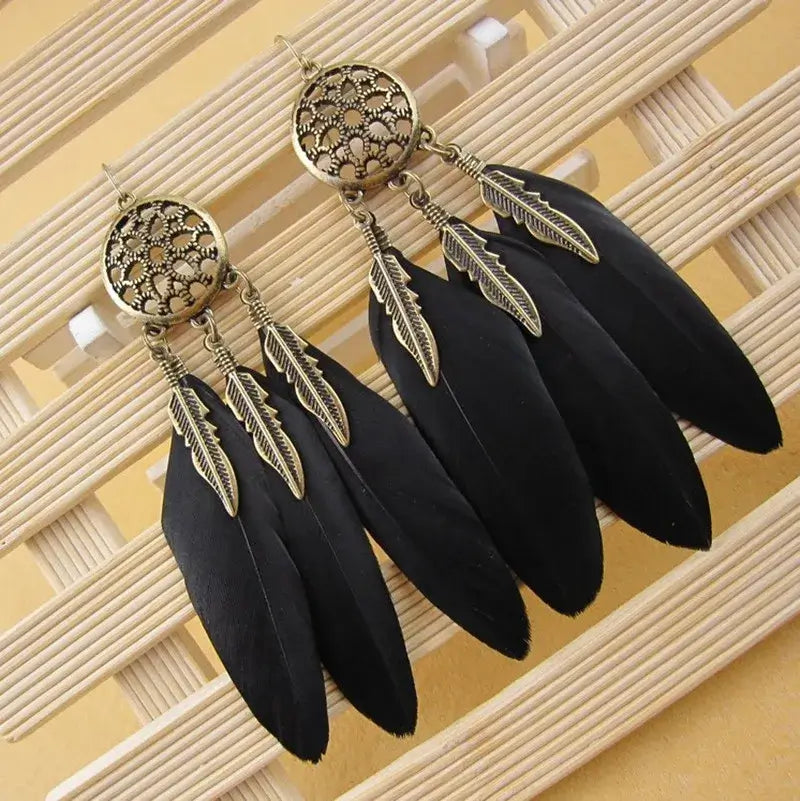 Korean Retro Exaggerated Leaf Feather Tassel Long Earrings Black And