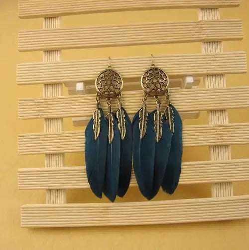 Korean Retro Exaggerated Leaf Feather Tassel Long Earrings Black And