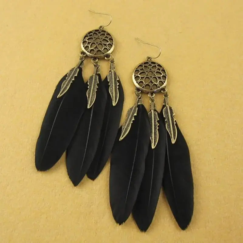Korean Retro Exaggerated Leaf Feather Tassel Long Earrings Black And
