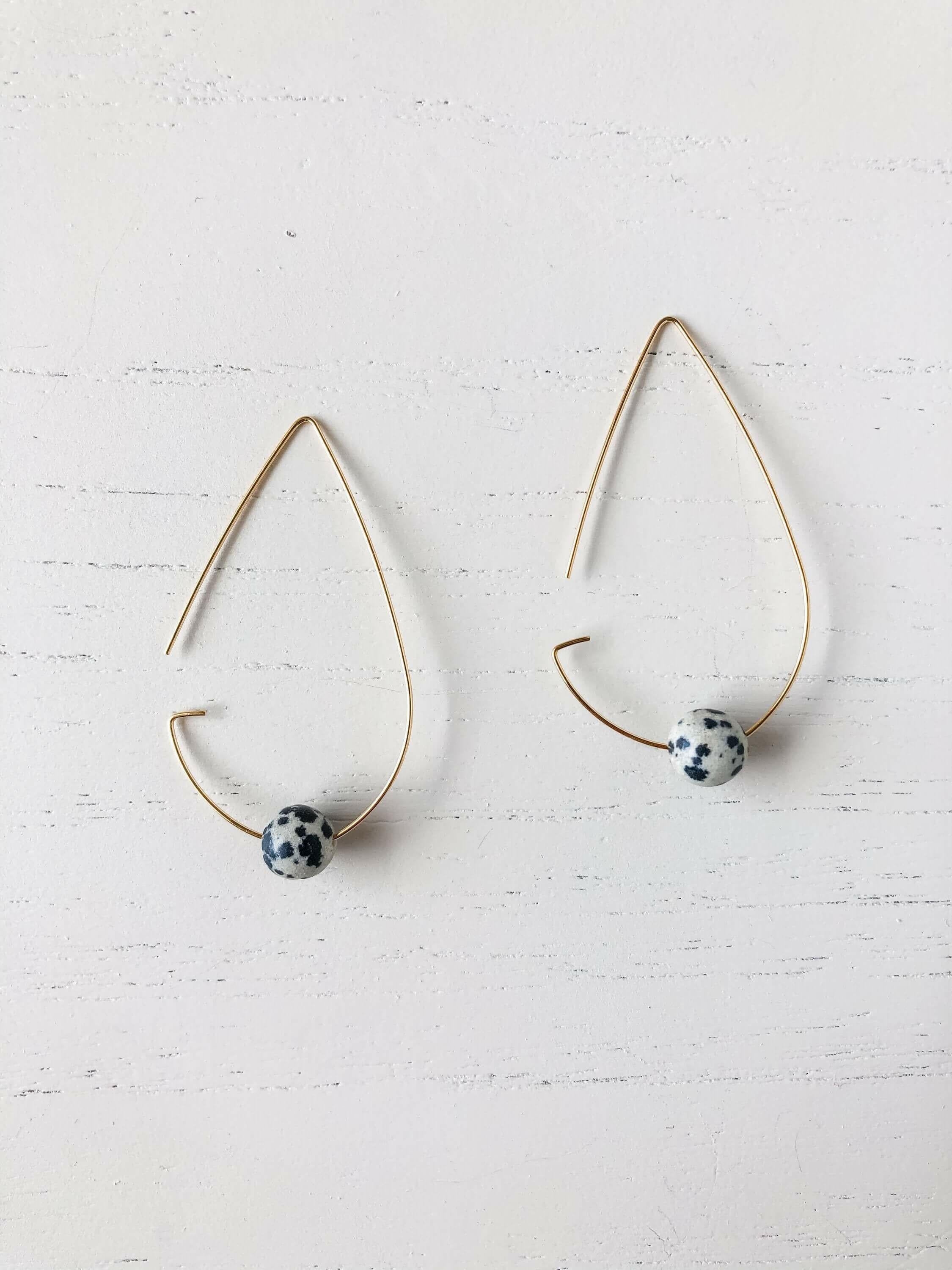 Brass Tear Drop Threader Earrings - Dalmatian Jasper