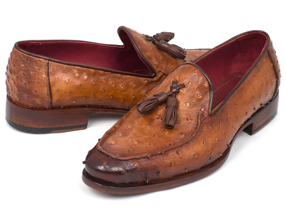 Paul Parkman Camel Brown Genuine Ostrich Tassel Loafers (ID