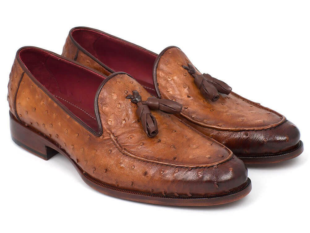 Paul Parkman Camel Brown Genuine Ostrich Tassel Loafers (ID