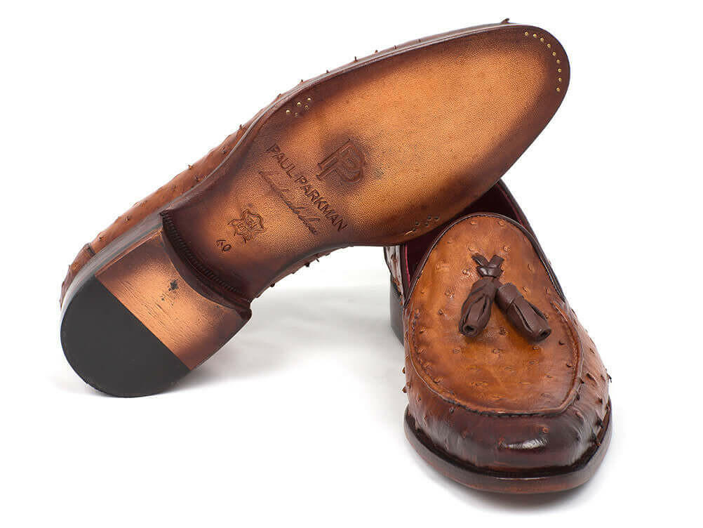 Paul Parkman Camel Brown Genuine Ostrich Tassel Loafers (ID