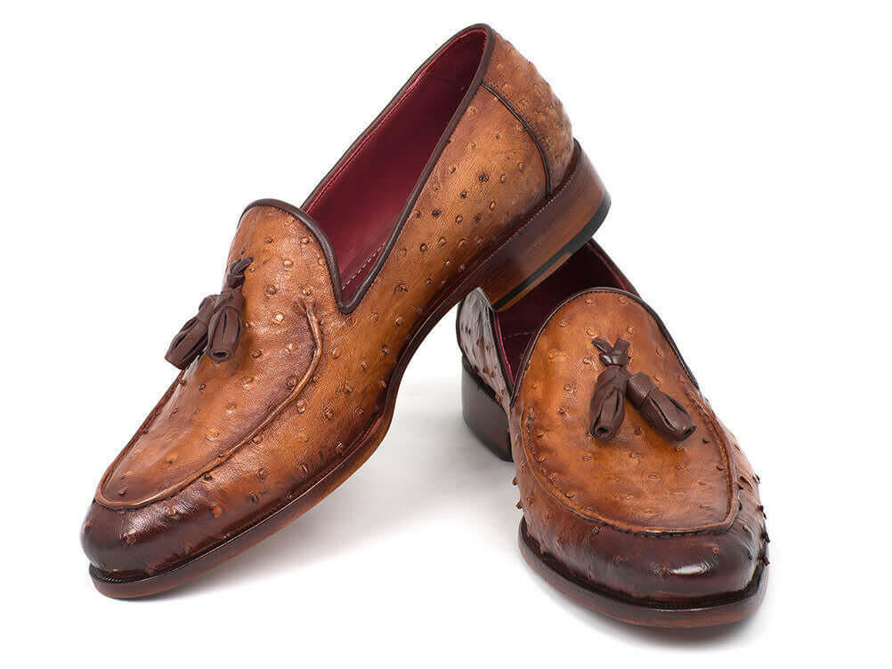Paul Parkman Camel Brown Genuine Ostrich Tassel Loafers (ID