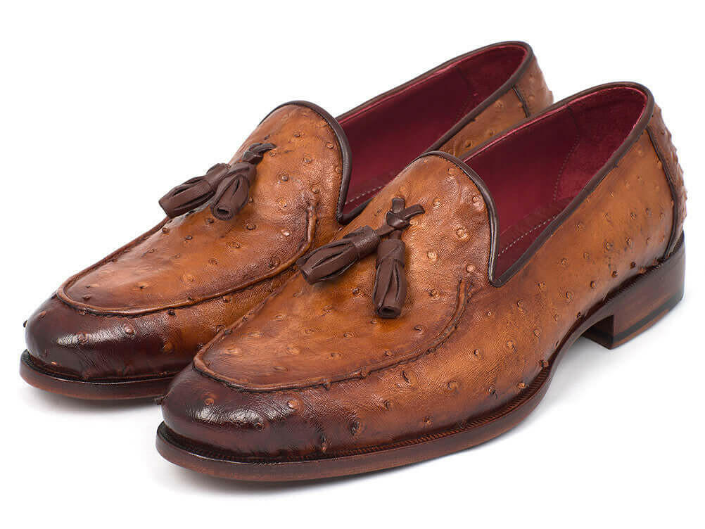 Paul Parkman Camel Brown Genuine Ostrich Tassel Loafers (ID