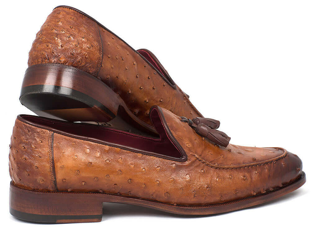 Paul Parkman Camel Brown Genuine Ostrich Tassel Loafers (ID