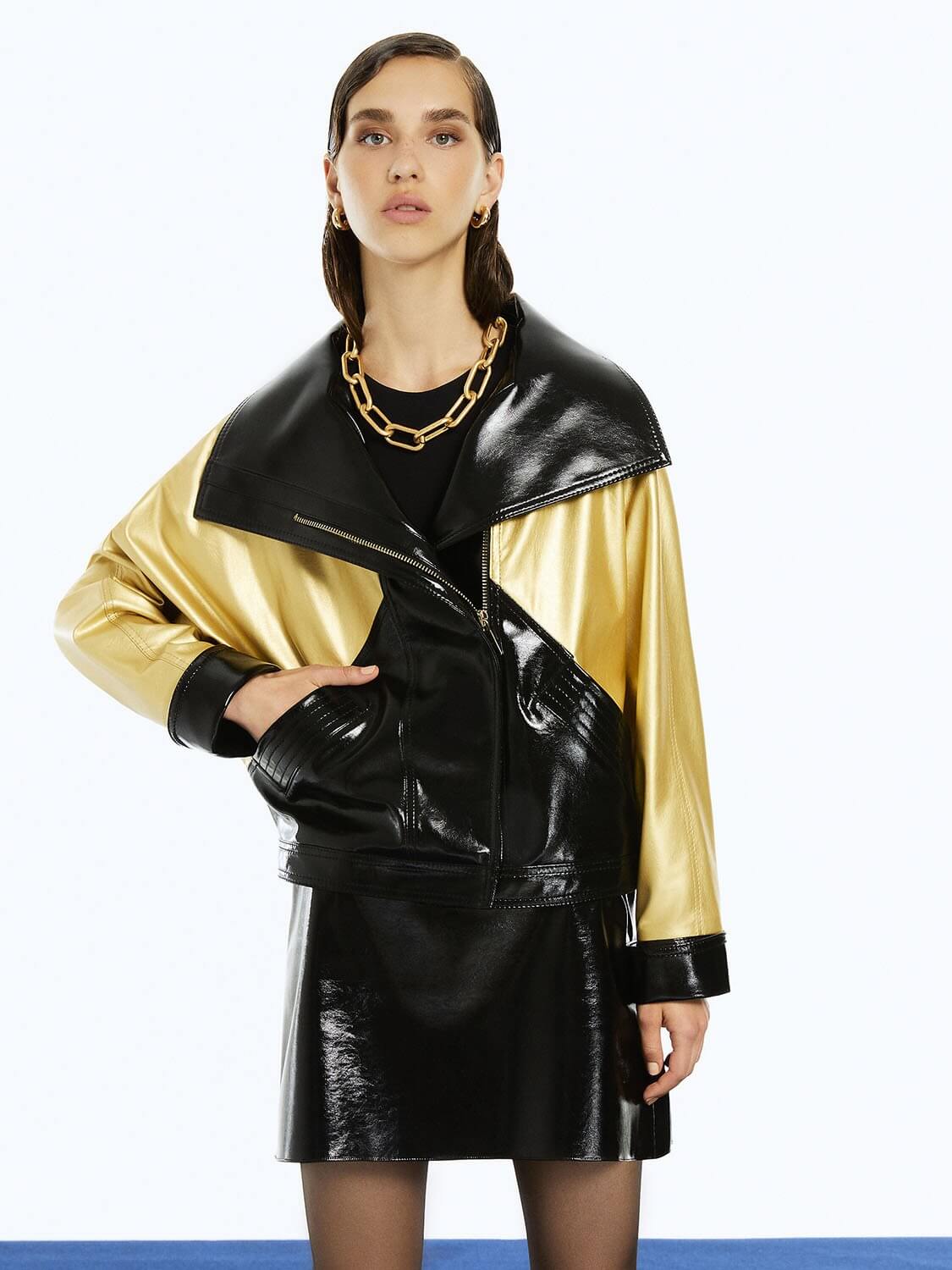 Wide Collar Patent Faux Leather Jacket