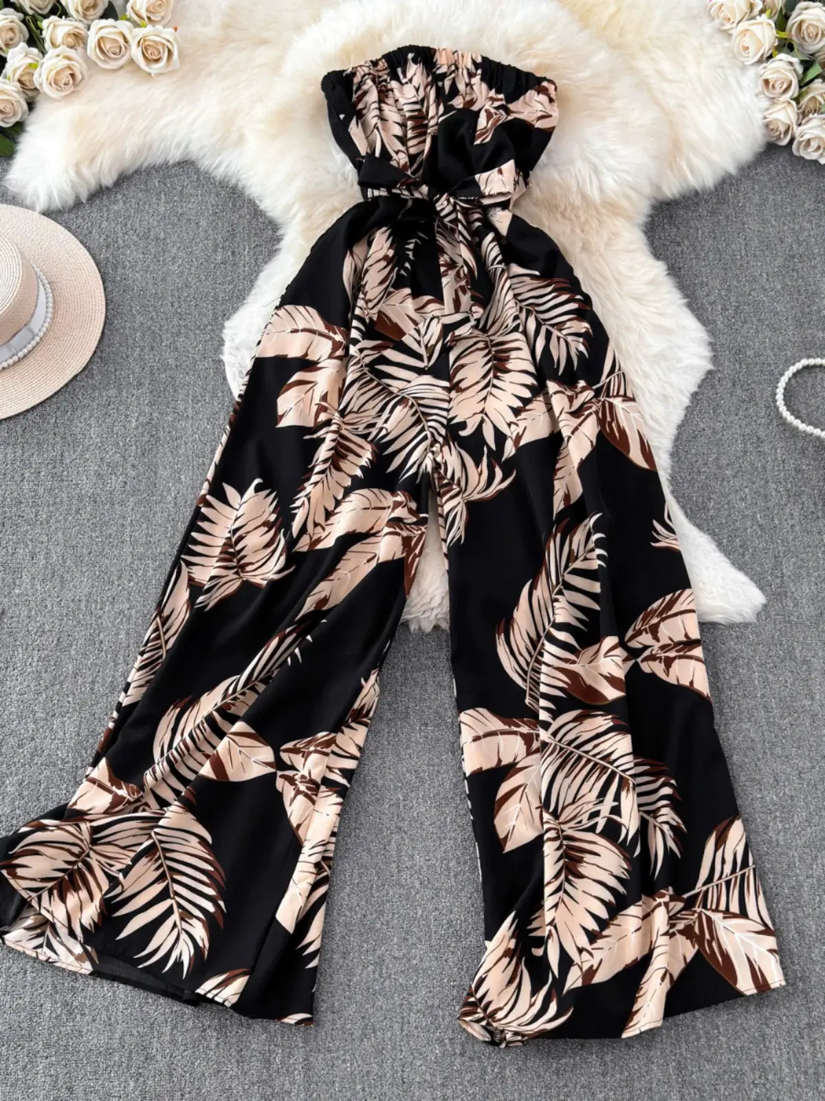 Seaside Holiday Floral Print Tube Top Sexy Open Back Chiffon Jumpsuit Fashion Loose Temperament Loose Pants Jumpsuit