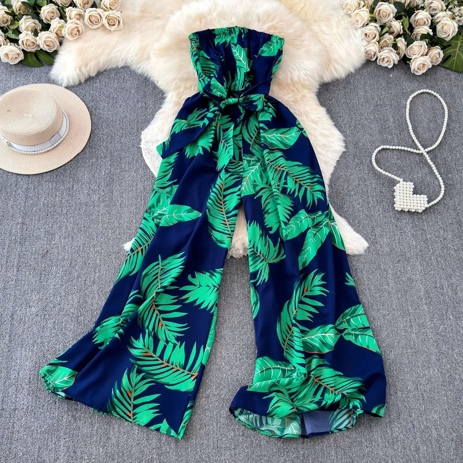 Seaside Holiday Floral Print Tube Top Sexy Open Back Chiffon Jumpsuit Fashion Loose Temperament Loose Pants Jumpsuit