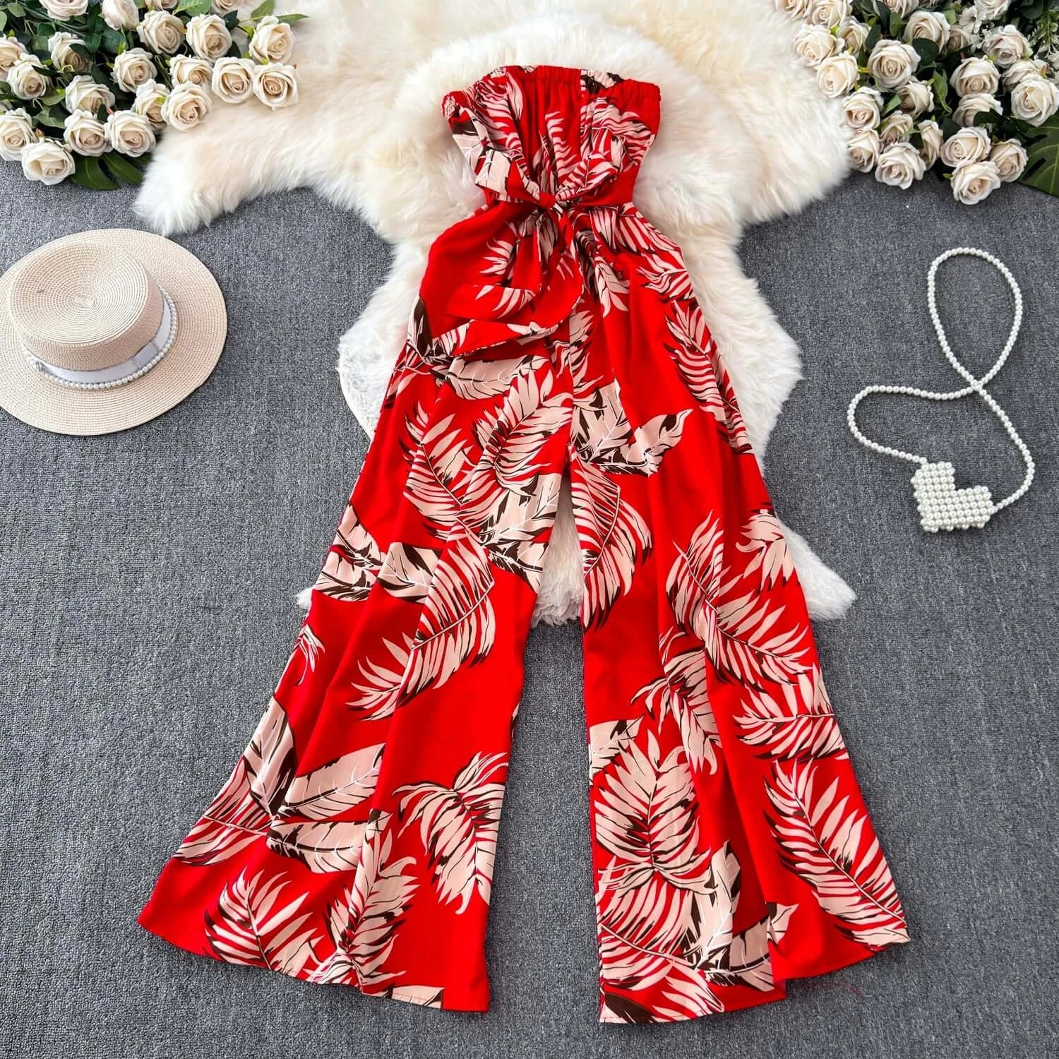 Seaside Holiday Floral Print Tube Top Sexy Open Back Chiffon Jumpsuit Fashion Loose Temperament Loose Pants Jumpsuit